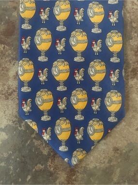 Fabrege Blue and Yellow Imperial egg & rooster Men's 100% silk Tie made in USA